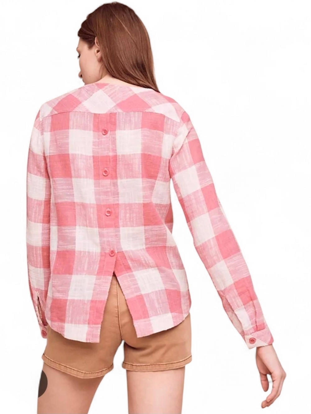 CLOTH & STONE / ANTHROPOLOGIE Pink Plaid Button Back Linen Blend Top - Large